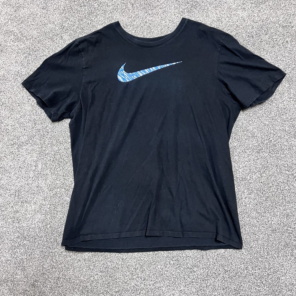 Nike T Shirt Mens XL Black Blue Swoosh Athletic Cut Short Sleeve Tee